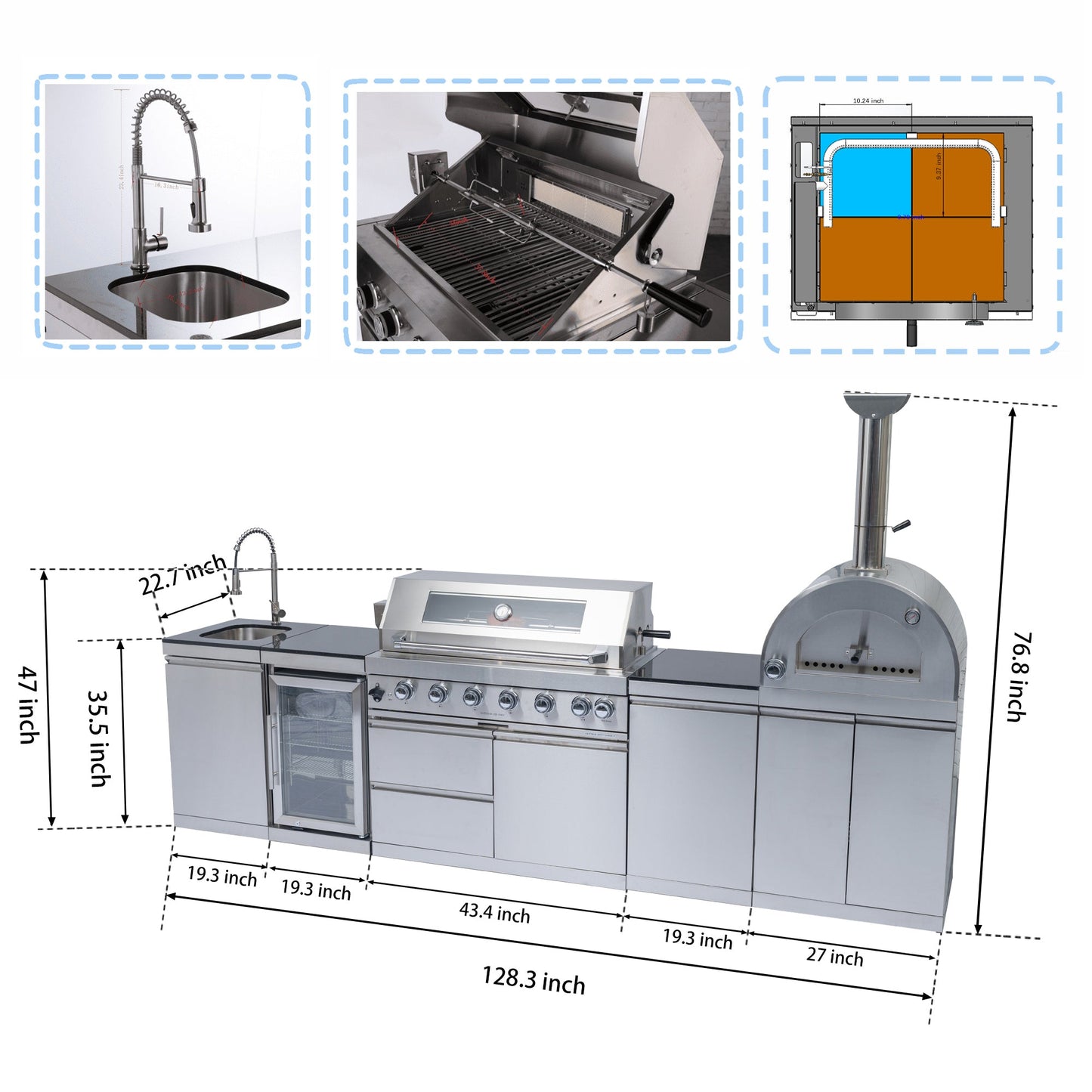 128" 120,000 BTU 6-Burner Outdoor Kitchen Island Grill with Pizza Oven