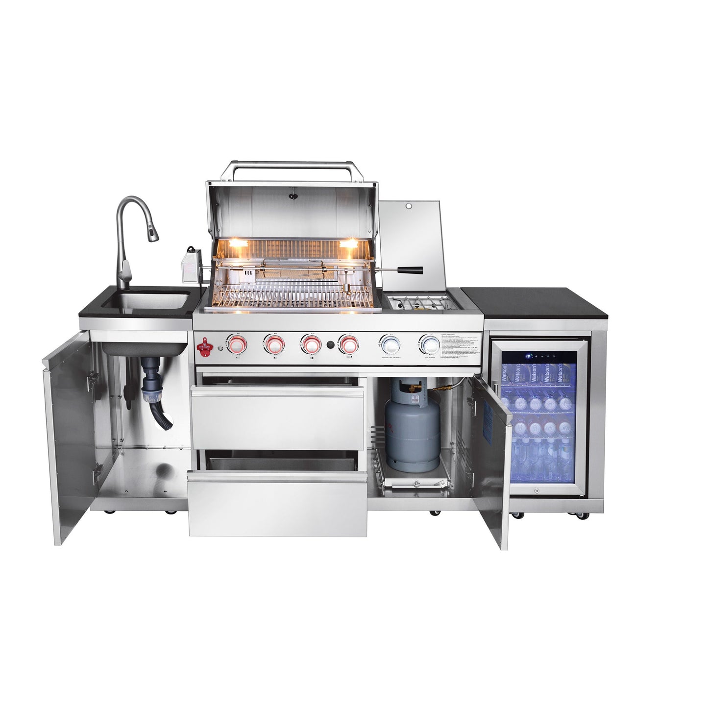 85.2" 4+1 Burner 71500 BTU Silver Outdoor Kitchen Island Grill + Sink + Refrigerator