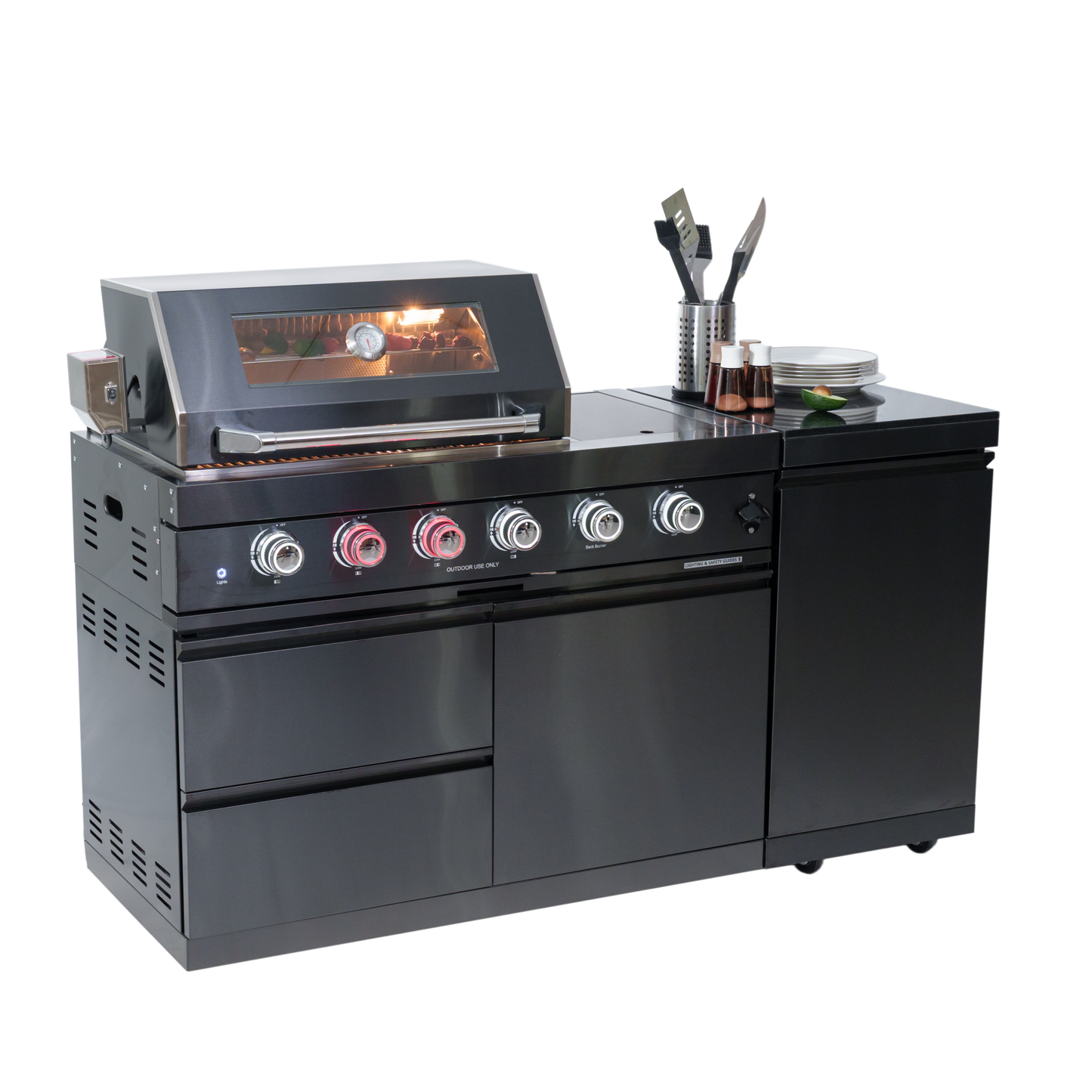 65" 4-Burner 72,000 BTU Black Outdoor Kitchen Island Grill + Side Burner + Rotisserie kit