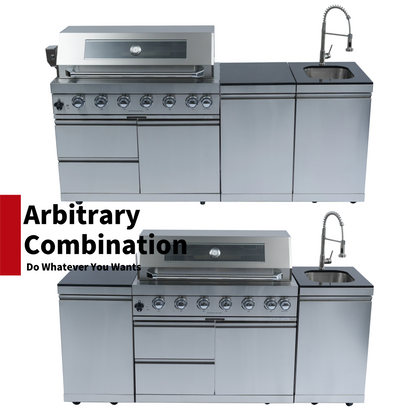 82" 6-Burner 85000 BTU Silver Outdoor Kitchen Island Grill + Storage Cabinets & Drawers & Sink/Faucet