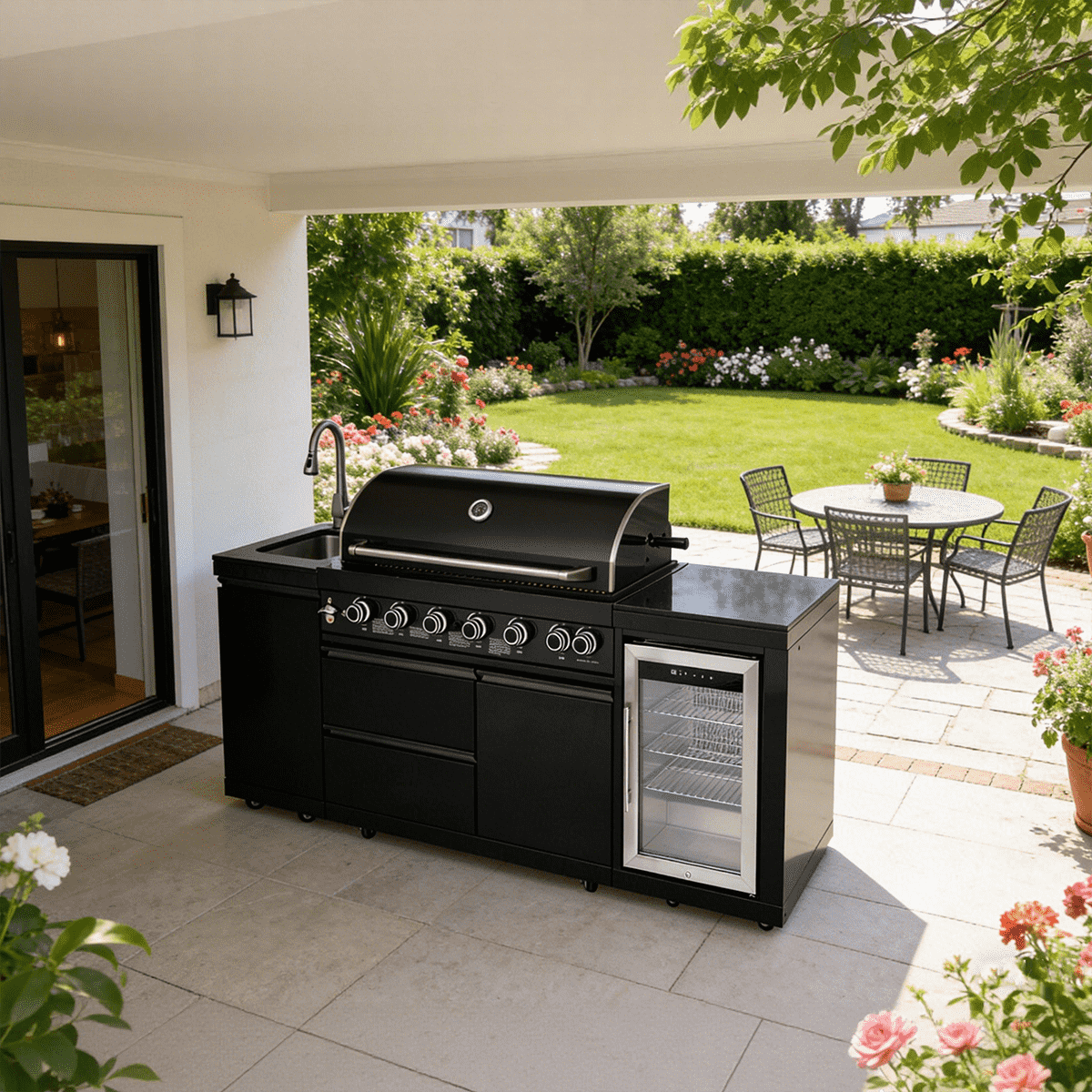 82.5" 6-Burner 83,500 BTU Black Outdoor Kitchen Island Grill Sink + Refrigerator