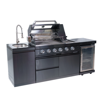 NG 85" 4-Burner 72,000 BTU Black Outdoor Kitchen Island Grill + Refrigerator + Sink