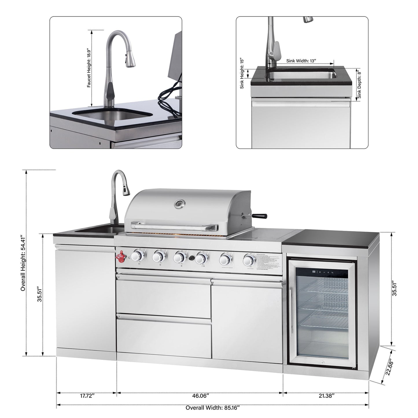 85.2" 4+1 Burner 71500 BTU Silver Outdoor Kitchen Island Grill + Sink + Refrigerator