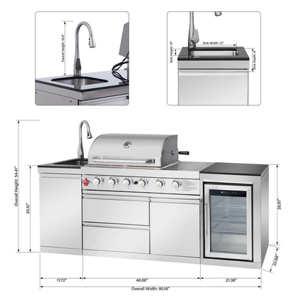 85.2" 4+1 Burner 71500 BTU Silver Outdoor Kitchen Island Grill + Sink + Refrigerator