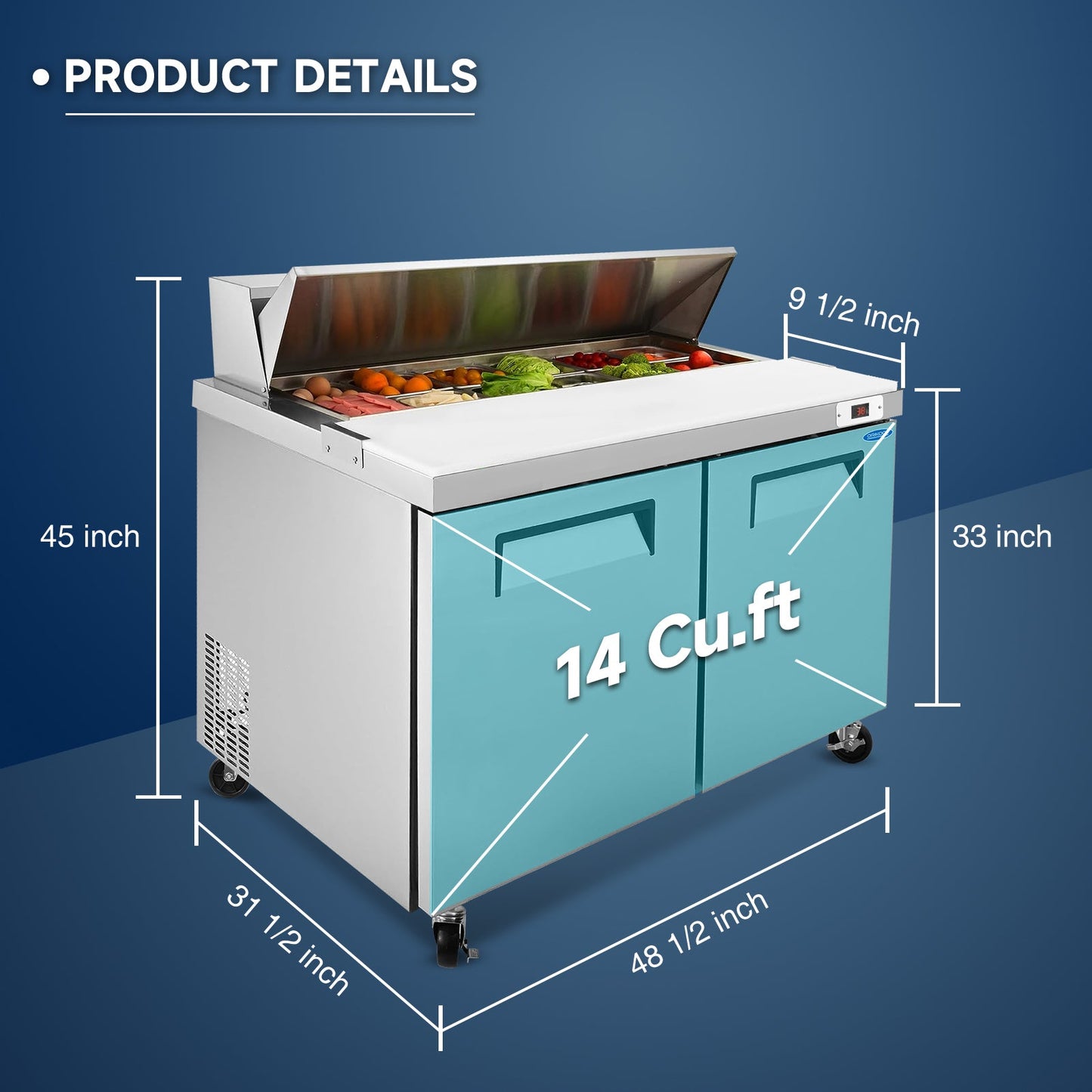 48" Width Commercial Refrigerators Sandwich & Salad Prep Table with a Butcher Block Cutting Board
