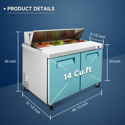 48" Width Commercial Refrigerators Sandwich & Salad Prep Table with a Butcher Block Cutting Board
