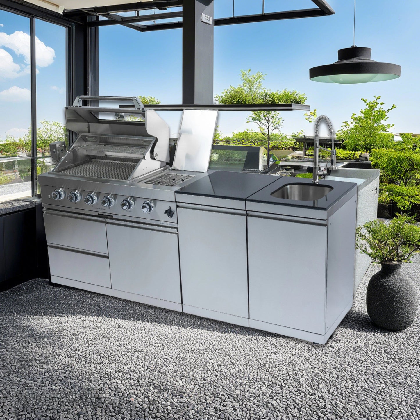 NG 85" 4-Burner 72,000 BTU Silver Outdoor Kitchen Island Grill + Side B & Storage Cabinets & Sink