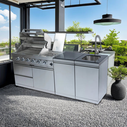NG 85" 4-Burner 72,000 BTU Silver Outdoor Kitchen Island Grill + Side B & Storage Cabinets & Sink