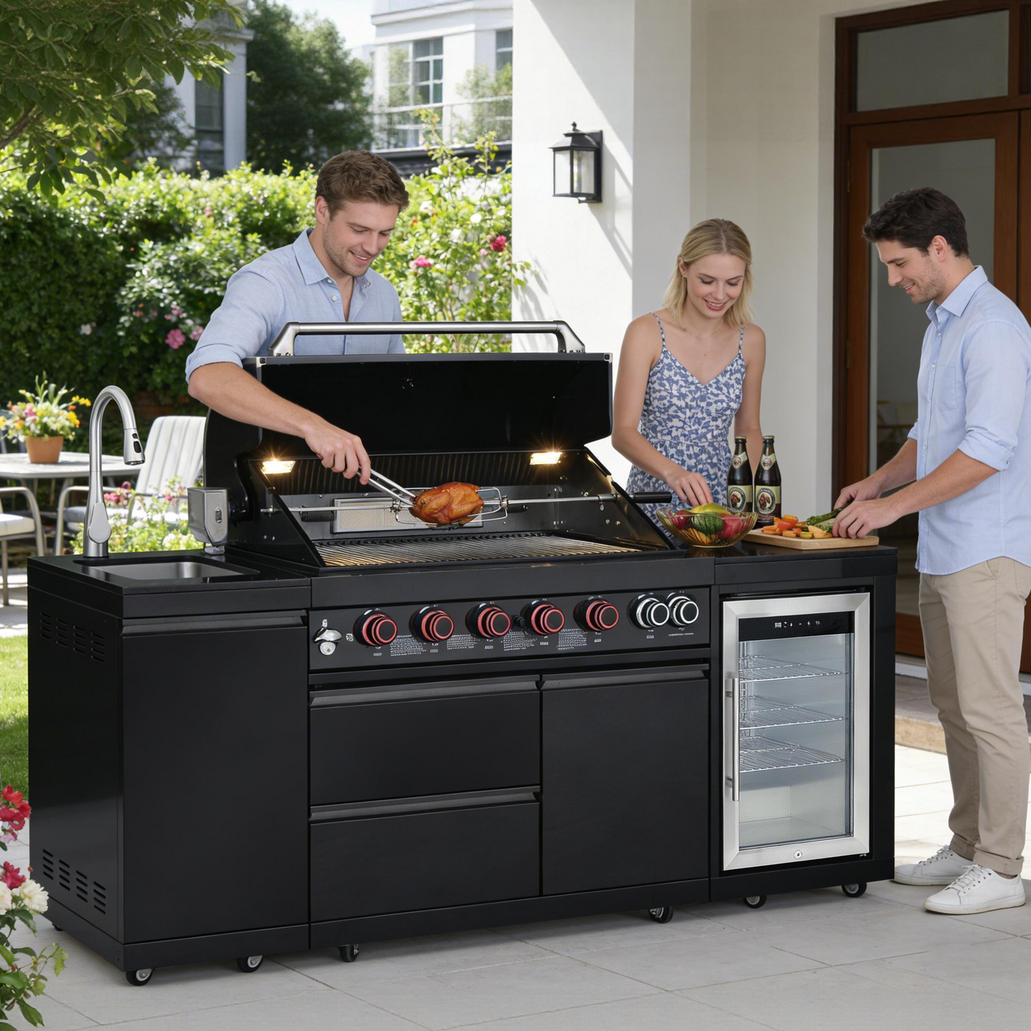 82.5" 6-Burner 83,500 BTU Black Outdoor Kitchen Island Grill Sink + Refrigerator
