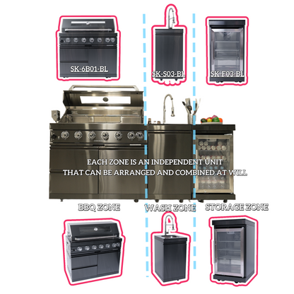 NG 85" 6-Burner 85,000 BTU Black Outdoor Kitchen Island Grill Refrigerator + Rotisserie Kit + Sink