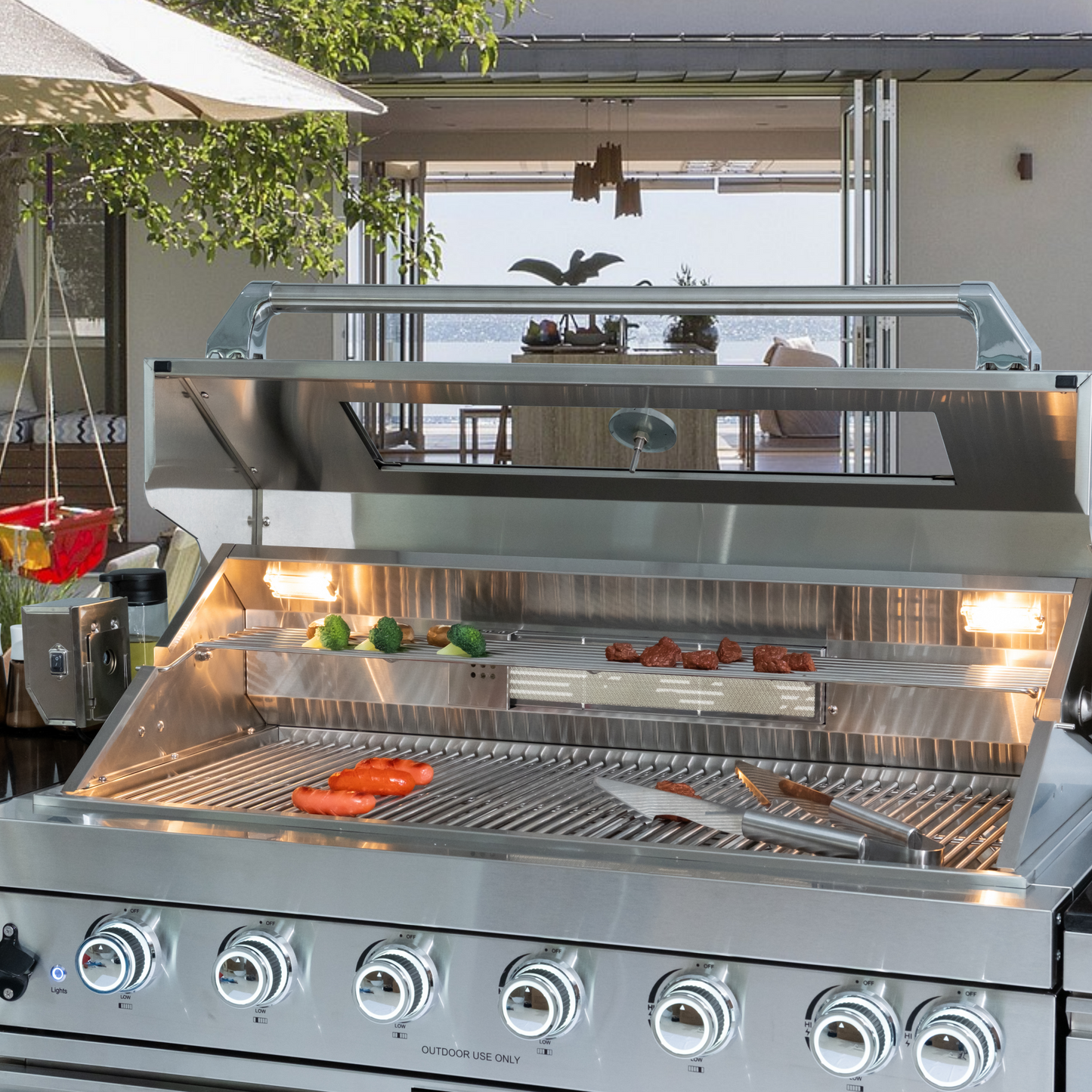 82" 6-Burner 85000 BTU Silver Outdoor Kitchen Island Grill + Storage Cabinets & Drawers & Sink/Faucet