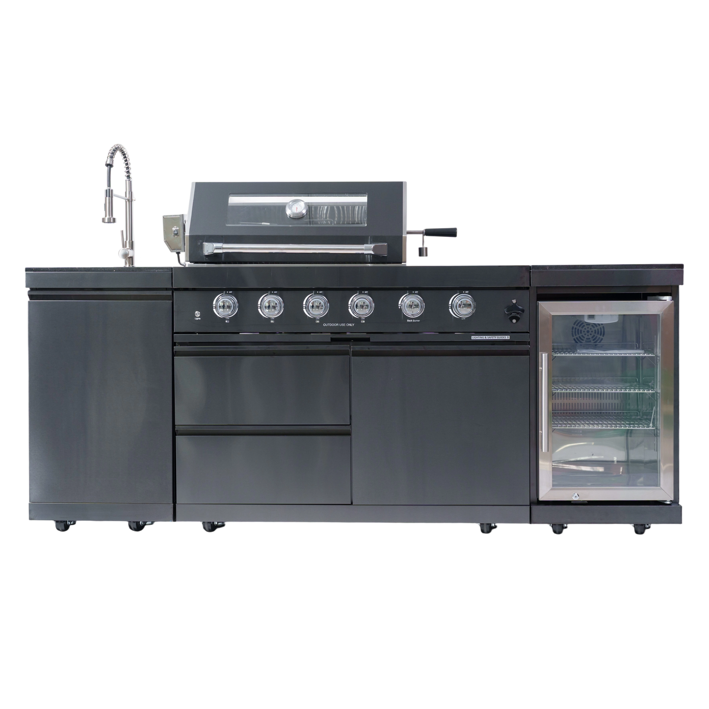 NG 85" 4-Burner 72,000 BTU Black Outdoor Kitchen Island Grill + Refrigerator + Sink