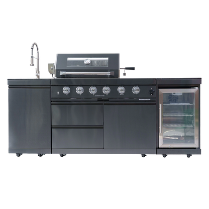 NG 85" 4-Burner 72,000 BTU Black Outdoor Kitchen Island Grill + Refrigerator + Sink