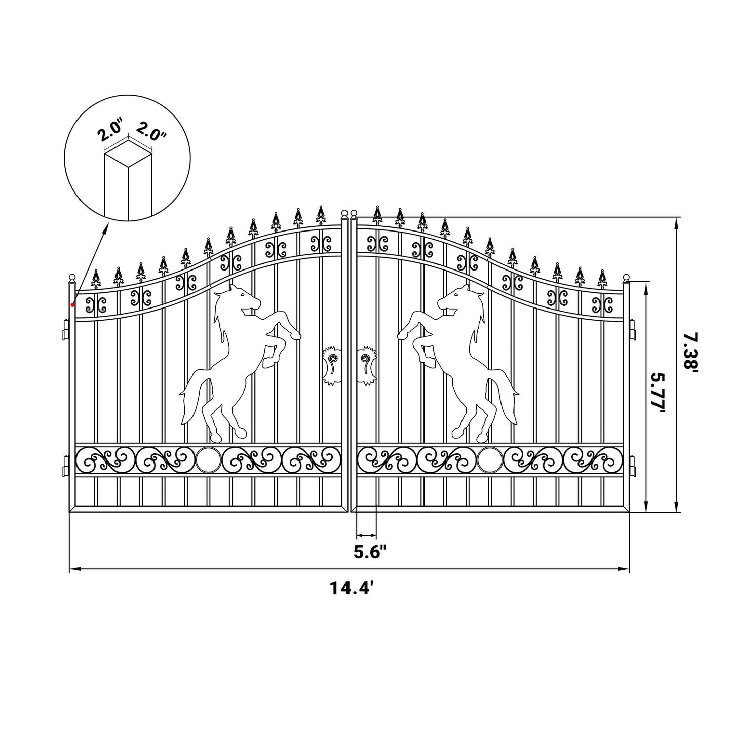 14x8 ft Steel Dual Swing Driveway Gate with Horse Pattern