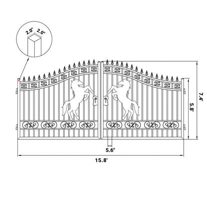 16x7 ft Steel Dual Swing Driveway Gate with Horse Pattern