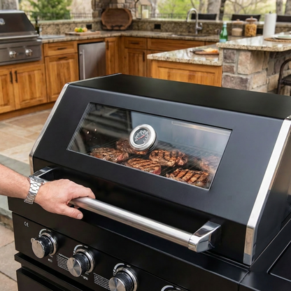 65" 4-Burner 72,000 BTU Black Outdoor Kitchen Island Grill + Round Side Burner
