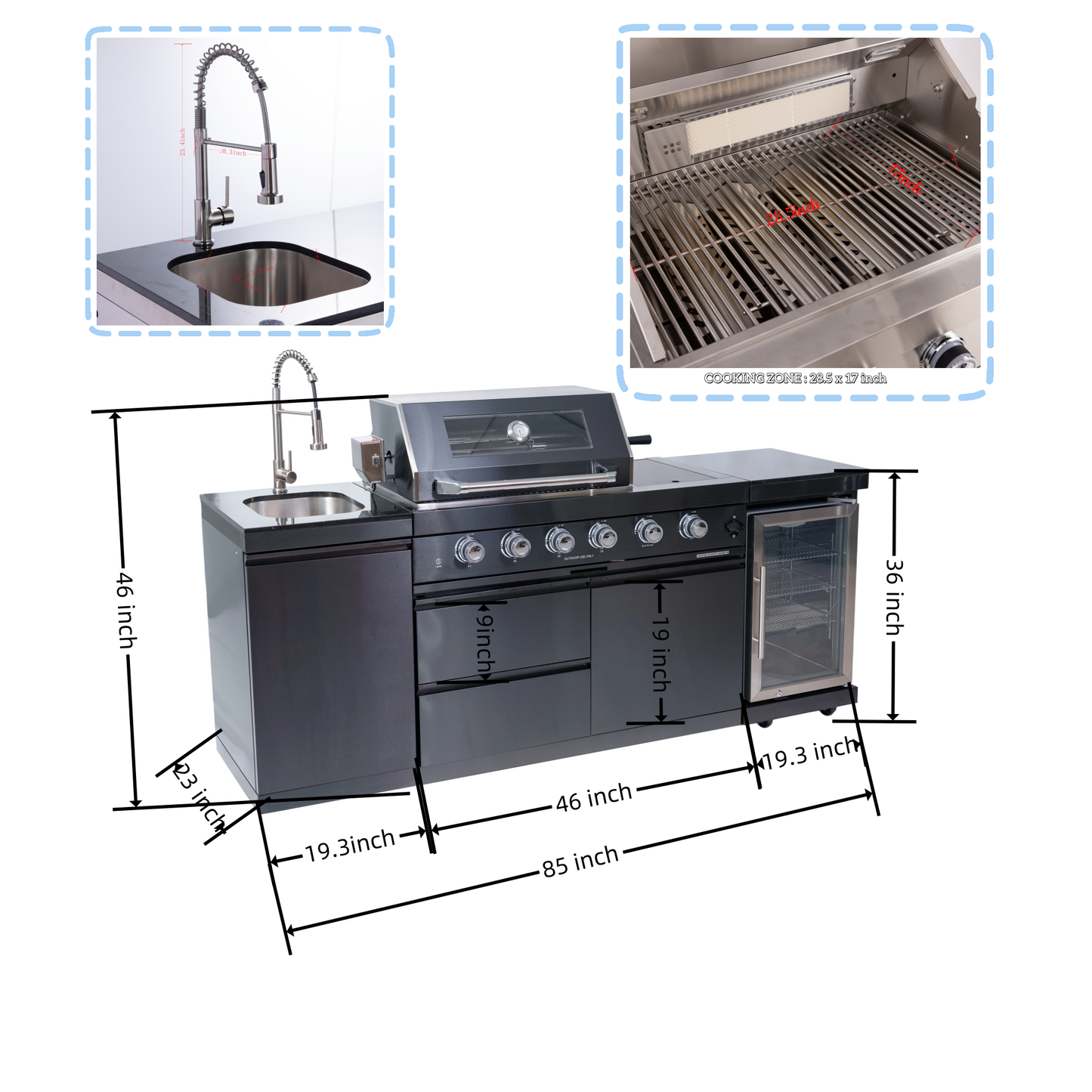 NG 85" 4-Burner 72,000 BTU Black Outdoor Kitchen Island Grill + Refrigerator + Sink