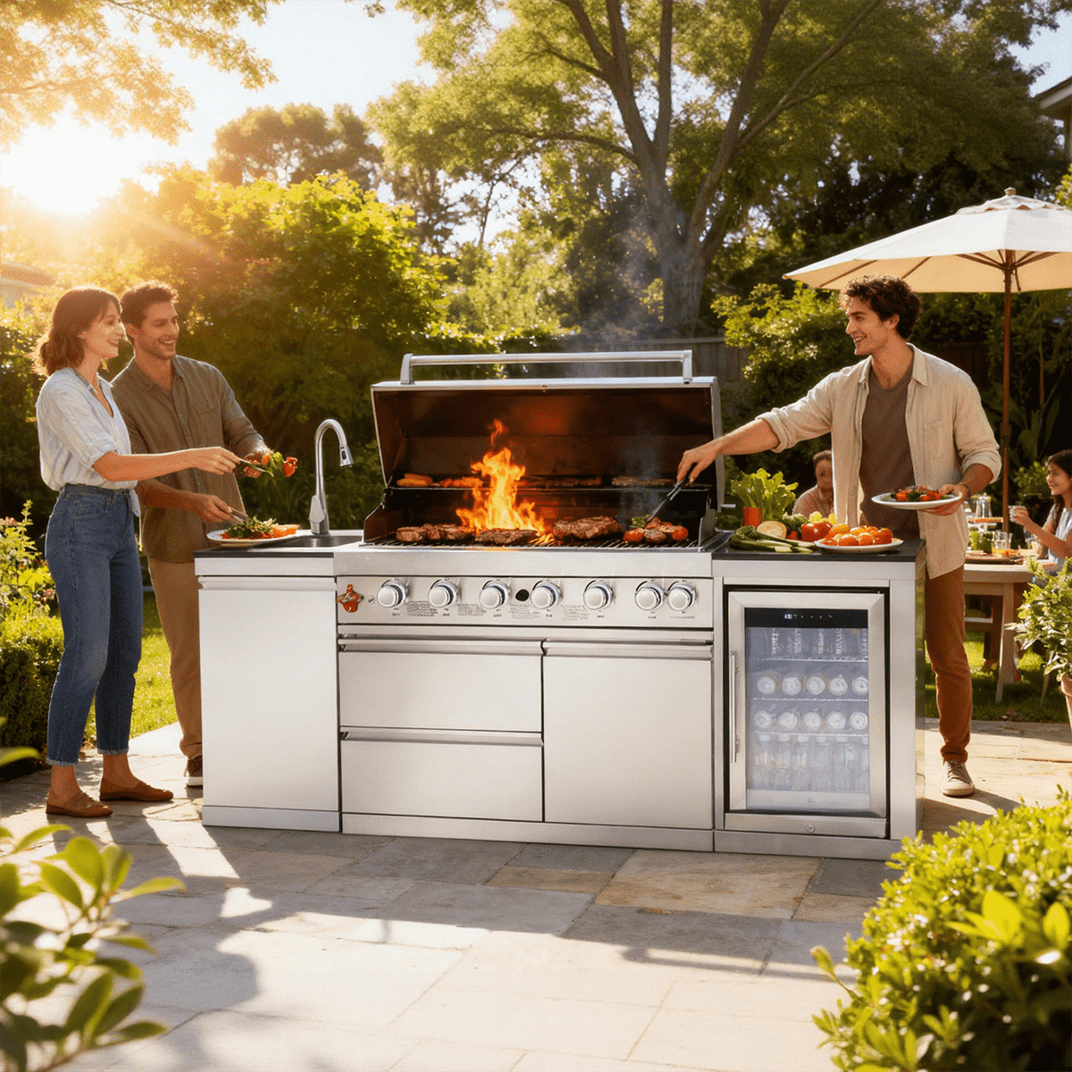 82.5" 6-Burner 83,500 BTU Silver Outdoor Kitchen Island Grill +Sink + Refrigerator