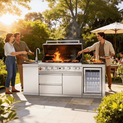 82.5" 6-Burner 83,500 BTU Silver Outdoor Kitchen Island Grill +Sink + Refrigerator