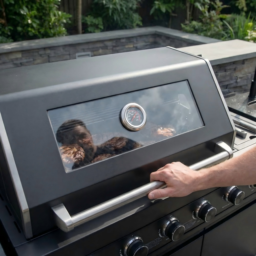 85" 4-Burner 85000 BTU Black Outdoor Kitchen Island Grill with Compact Refrigerator Marble Countertops Sink