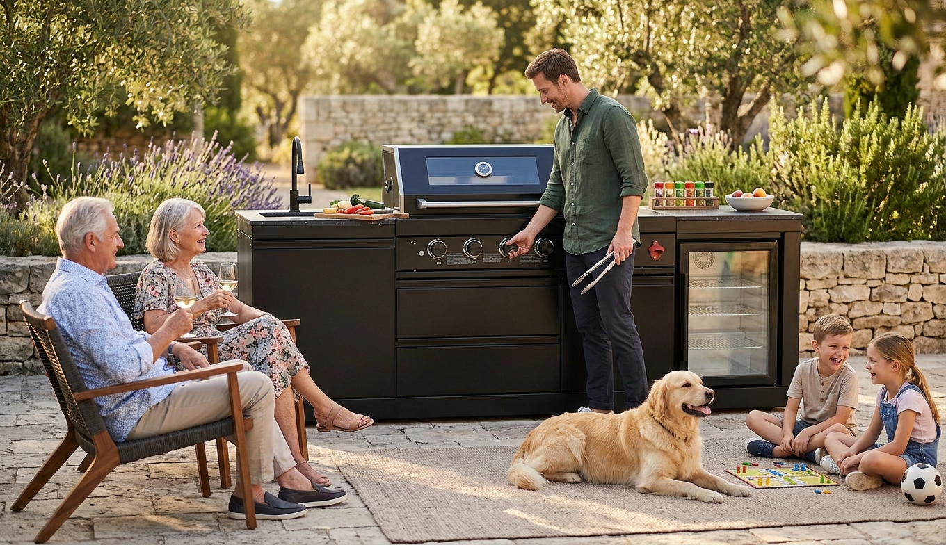 85" 4-Burner 85000 BTU Black Outdoor Kitchen Island Grill with Compact Refrigerator Marble Countertops Sink