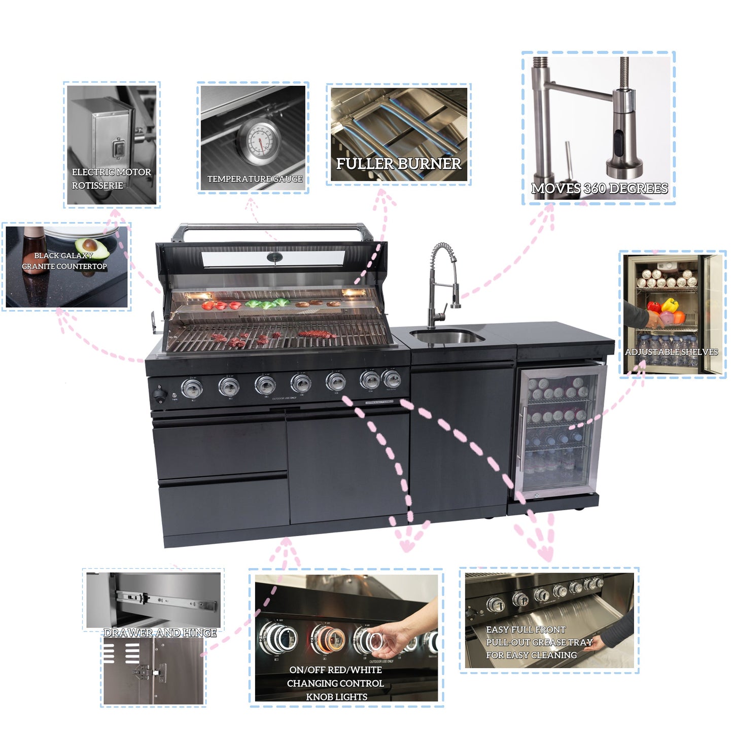 NG 85" 6-Burner 85,000 BTU Black Outdoor Kitchen Island Grill Refrigerator + Rotisserie Kit + Sink