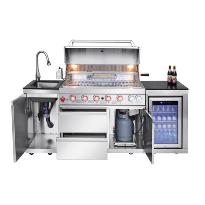 82.5" 6-Burner 83,500 BTU Silver Outdoor Kitchen Island Grill +Sink + Refrigerator