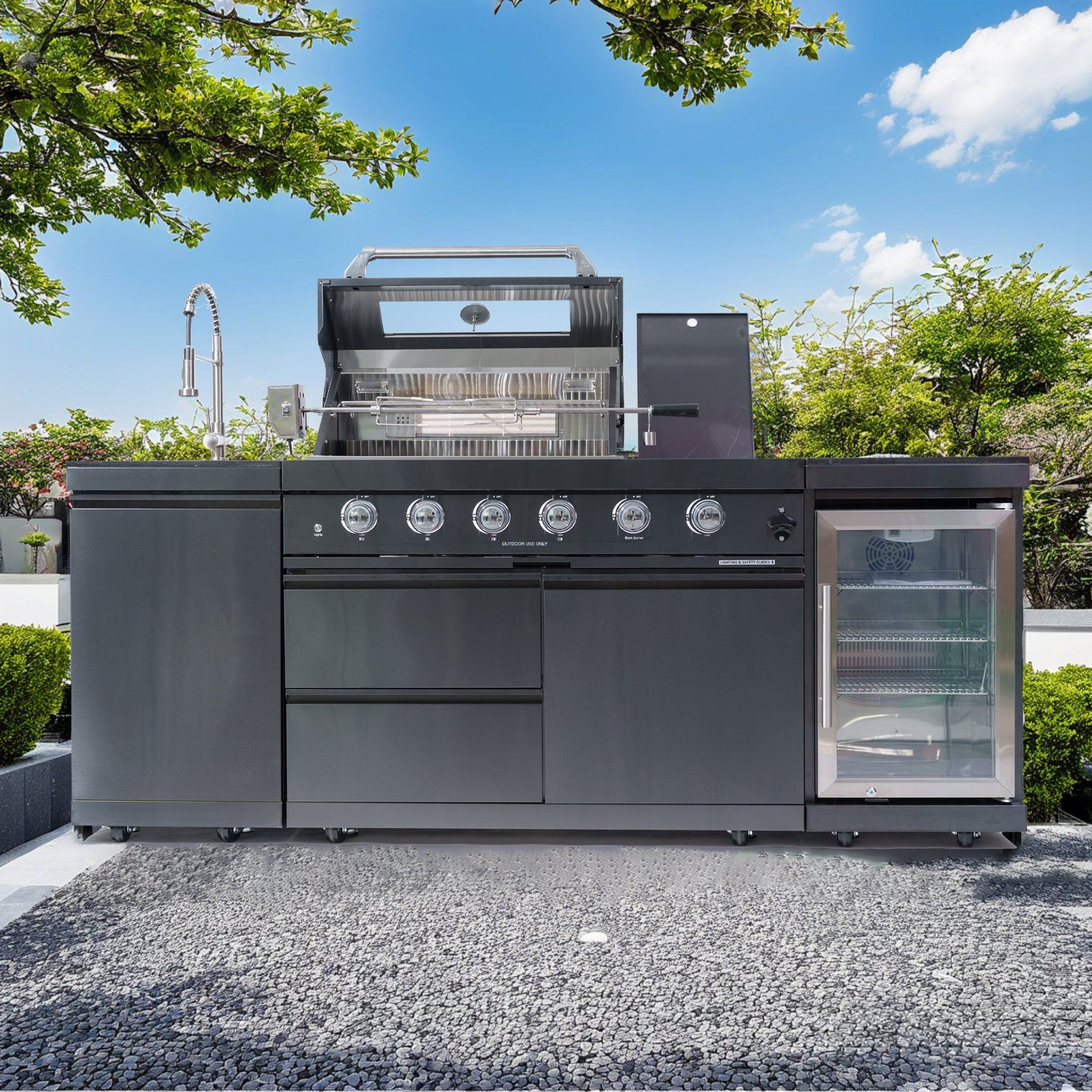 NG 85" 4-Burner 72,000 BTU Black Outdoor Kitchen Island Grill + Refrigerator + Sink