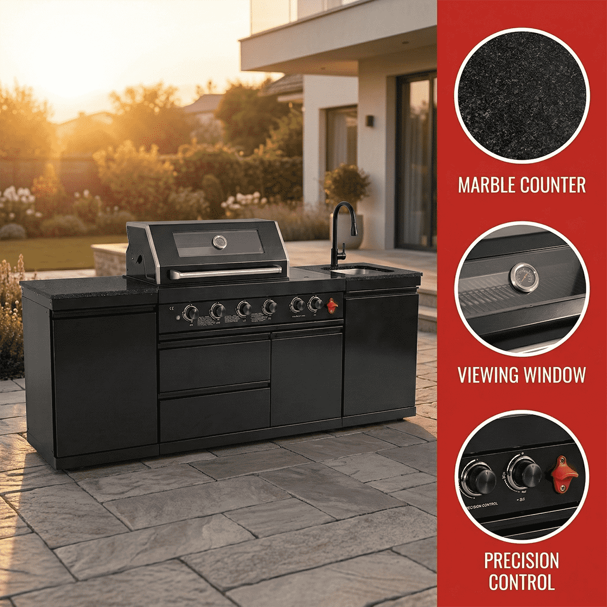 85" 4-Burner 85,000 BTU Black Outdoor Kitchen Island Grill + Storage Cabinets + Sink