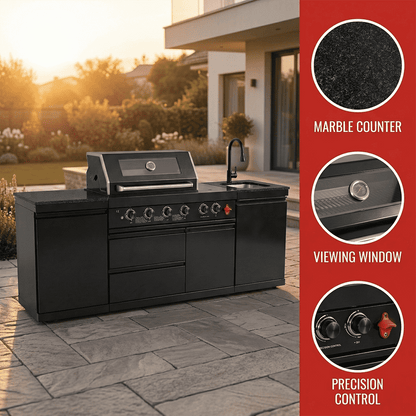 85" 4-Burner 85,000 BTU Black Outdoor Kitchen Island Grill + Storage Cabinets + Sink