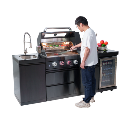 NG 85" 4-Burner 72,000 BTU Black Outdoor Kitchen Island Grill + Refrigerator + Sink