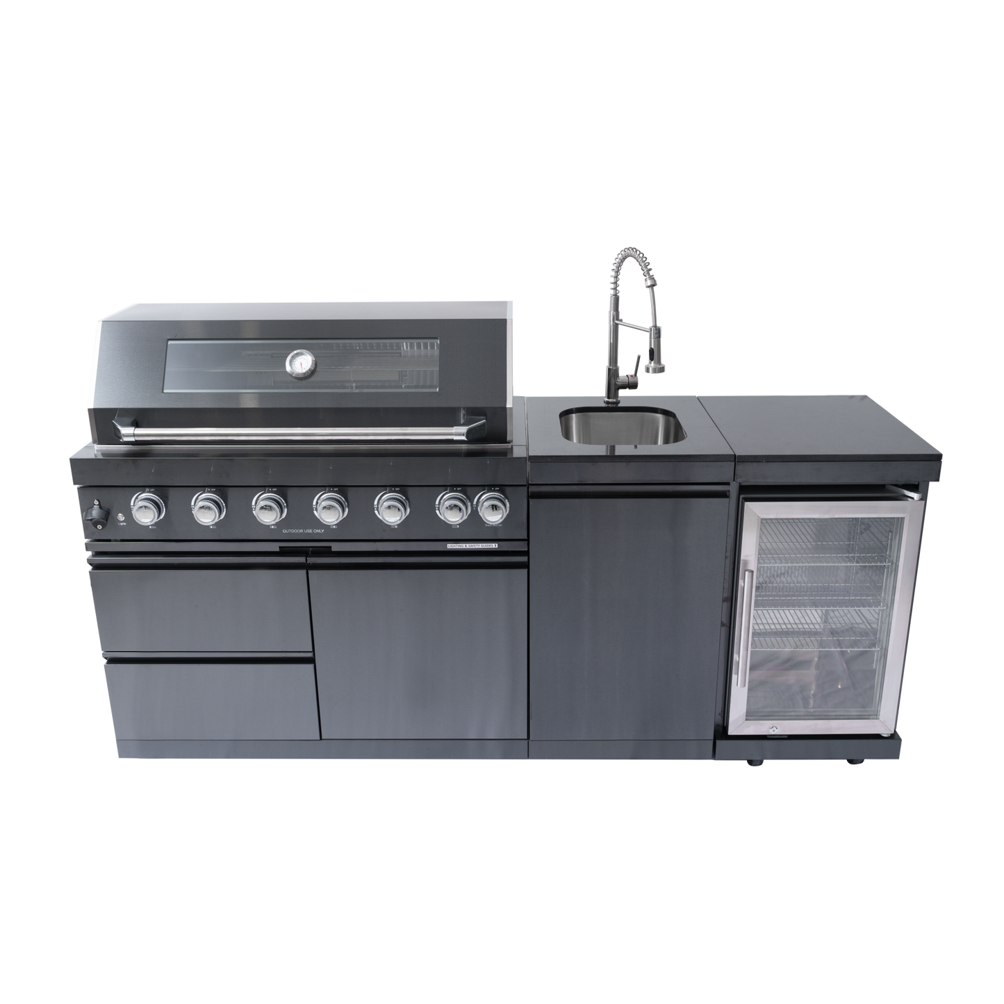 NG 85" 6-Burner 85,000 BTU Black Outdoor Kitchen Island Grill Refrigerator + Rotisserie Kit + Sink