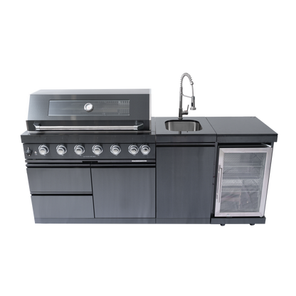 NG 85" 6-Burner 85,000 BTU Black Outdoor Kitchen Island Grill Refrigerator + Rotisserie Kit + Sink