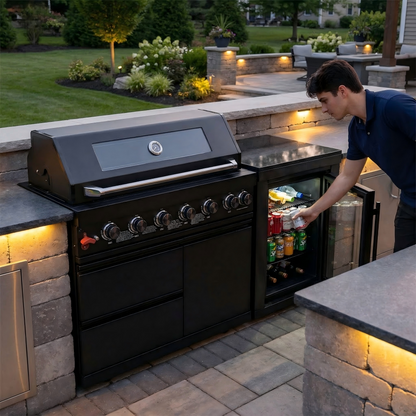 63" 6-Burner Black Outdoor Kitchen Island Grill + Fridge
