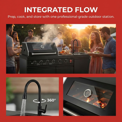 65" 4-Burner 72,000 BTU Black Outdoor Kitchen Island Grill + Round Side Burner