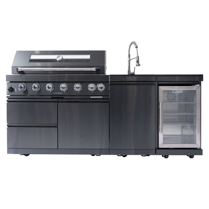 NG 85" 6-Burner 85,000 BTU Black Outdoor Kitchen Island Grill Refrigerator + Rotisserie Kit + Sink