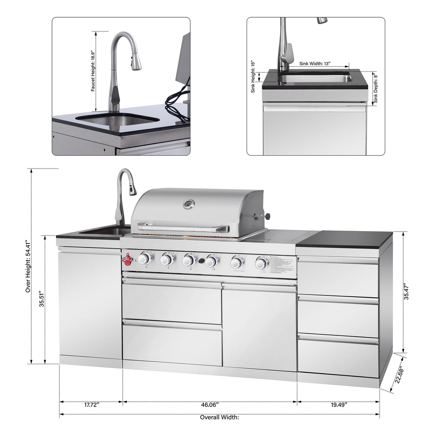 83.3" 4+1 Burner 71,500 BTU Silver Outdoor Kitchen Island Grill with Sink