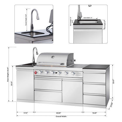 83.3" 4+1 Burner 71,500 BTU Silver Outdoor Kitchen Island Grill with Sink