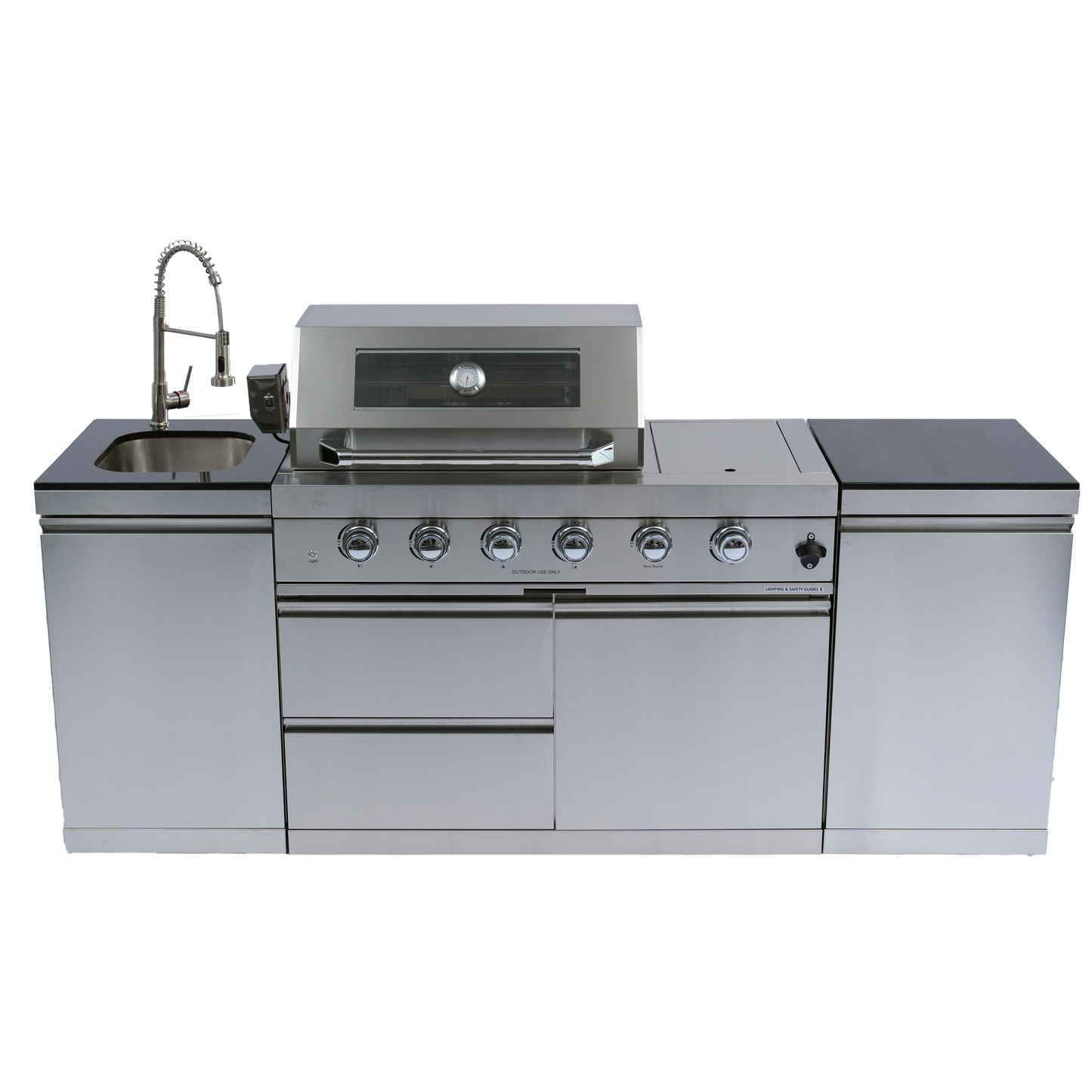NG 85" 4-Burner 72,000 BTU Silver Outdoor Kitchen Island Grill + Side B & Storage Cabinets & Sink