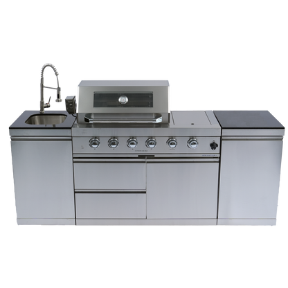 NG 85" 4-Burner 72,000 BTU Silver Outdoor Kitchen Island Grill + Side B & Storage Cabinets & Sink