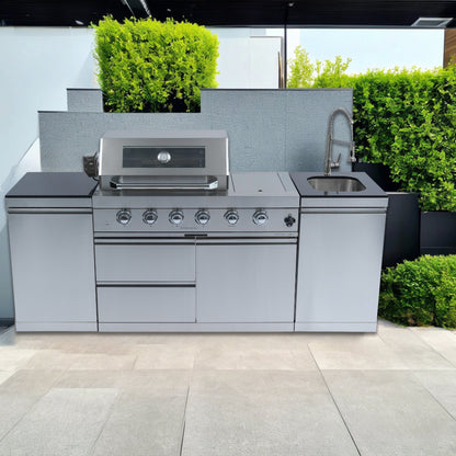 85" 4-Burner 72,000 BTU Silver Outdoor Kitchen Island Grill + Side Burner + Storage Cabinets & Drawers