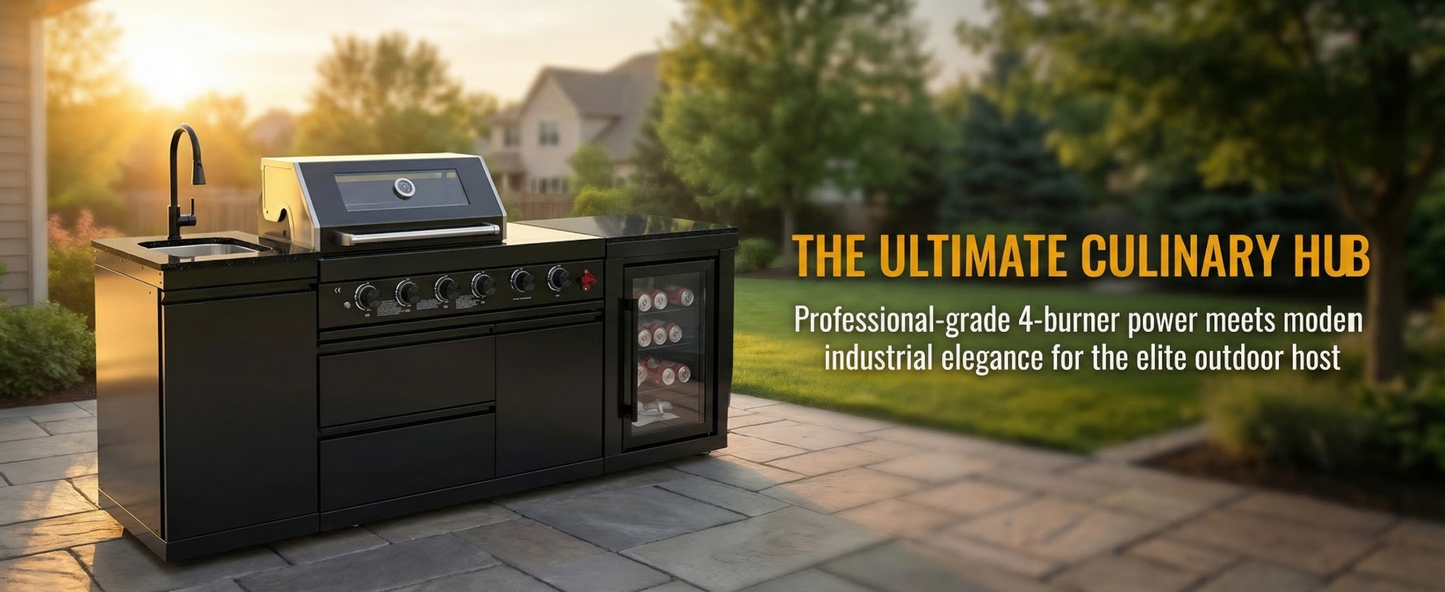85" 4-Burner 85000 BTU Black Outdoor Kitchen Island Grill with Compact Refrigerator Marble Countertops Sink