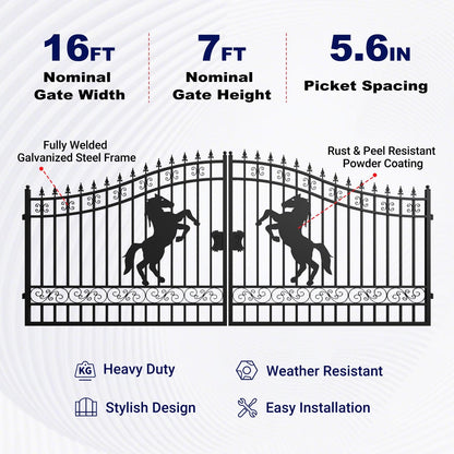 16x7 ft Steel Dual Swing Driveway Gate with Horse Pattern